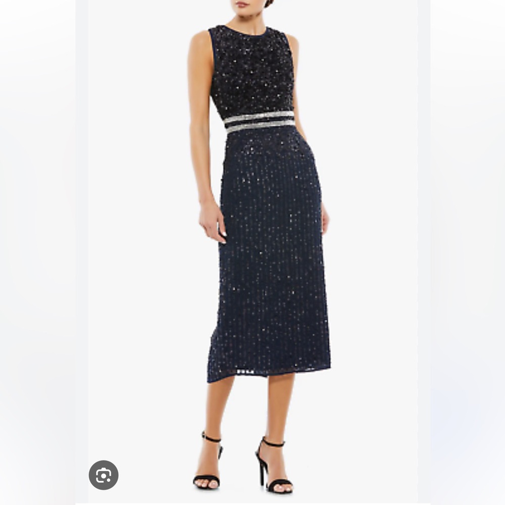NWT Mac Duggal Sleeveless High Neck Beaded Midi Sheath Dress Wedding Formal